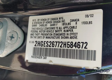 2002 Honda Civic Ex z USA, uszkodzony, nr VIN 2HGES26772H584672